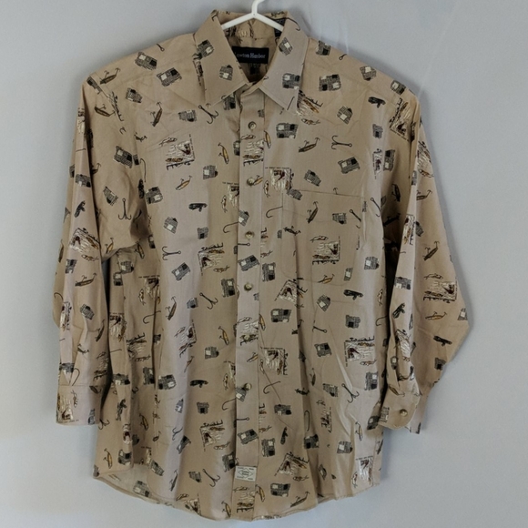 Lawton Harbor fishing print button-down shirt, Long Sleeves, Fish & Tackle, Med - Picture 1 of 8